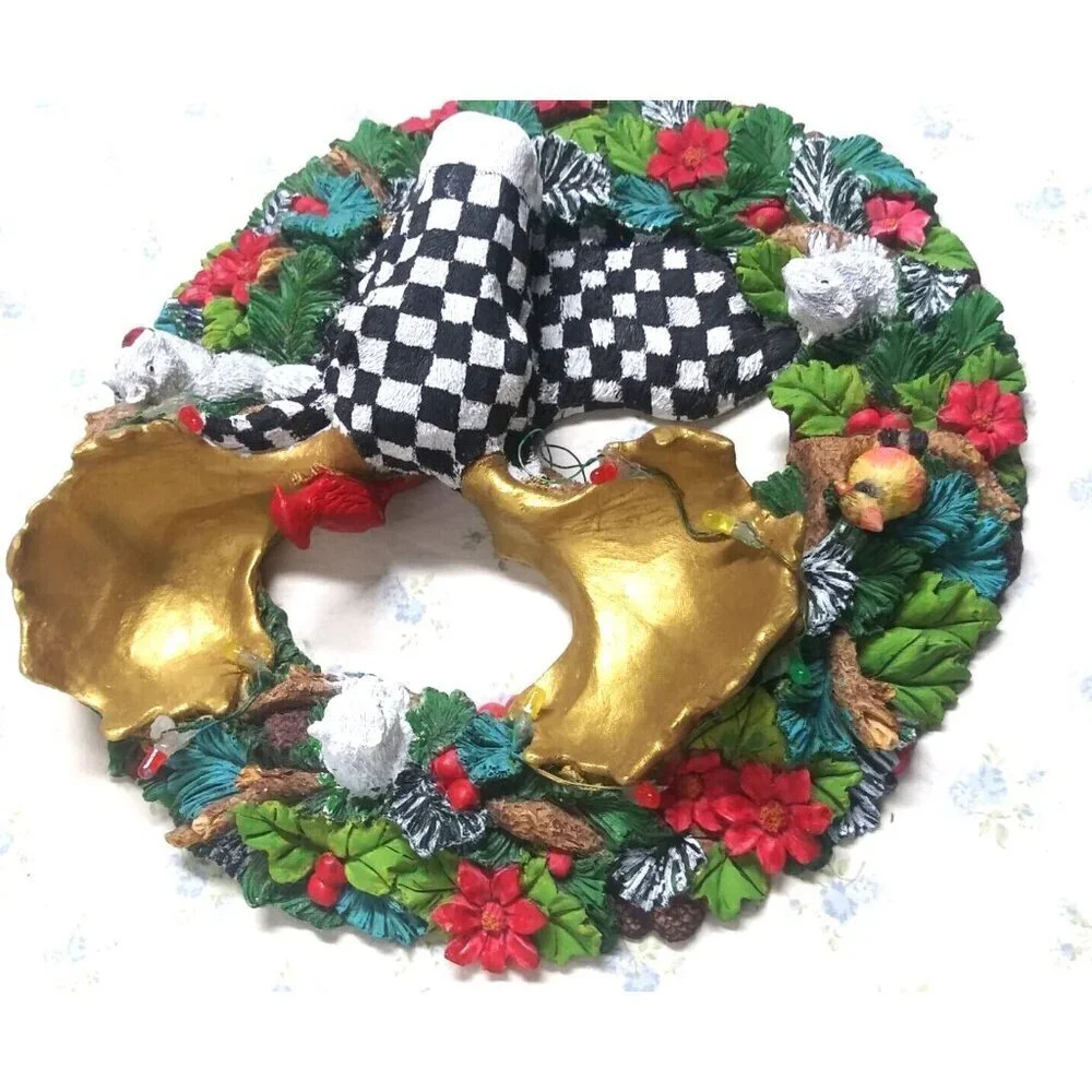 Christmas Wreath CHECKERED Whimsical resin 3D Moose squirrels cardinals OOAK